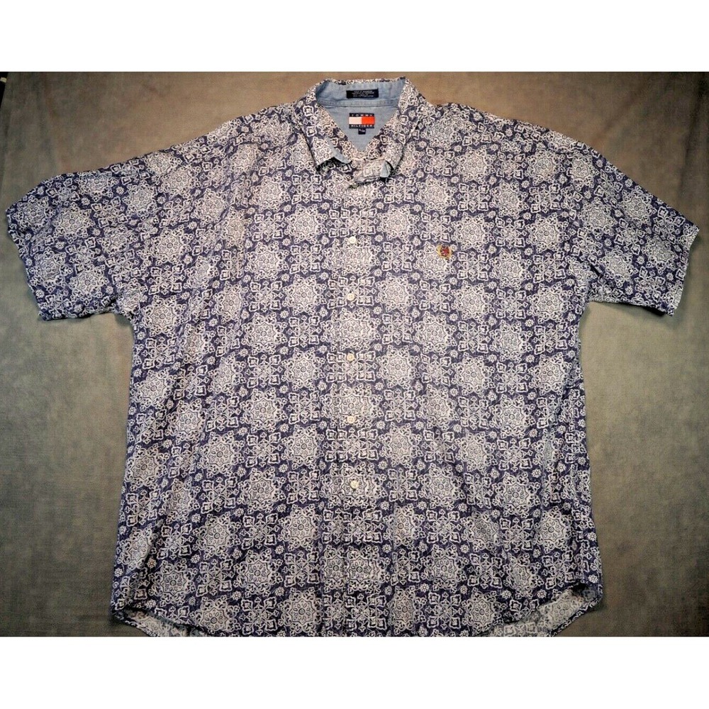 Tommy Hilfiger Mens Shirt XL Geometric Linen Cotton Blend Button Up Short Sleeve